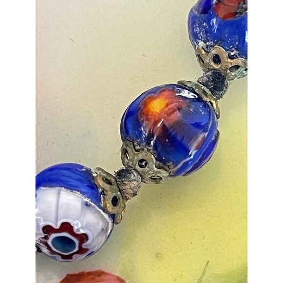Vintage 1950s Italy Millefiori Hand knotted Glass Blue Beaded Necklace - Picture 4 of 16